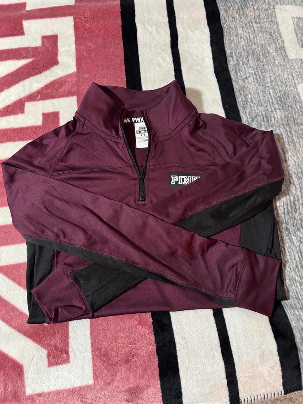 PINK Victoria's Secret Maroon and Black Quarter-Zip Pullover